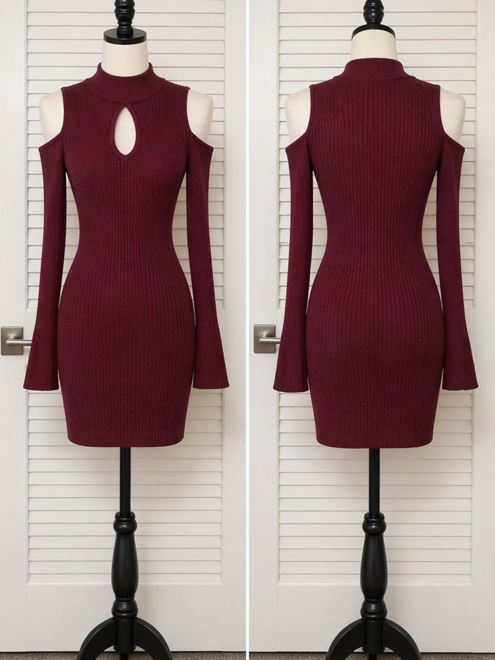 Cold Shoulder Ribbed Sweater Dress Burgundy Keyhole Bodycon Knit Size M
